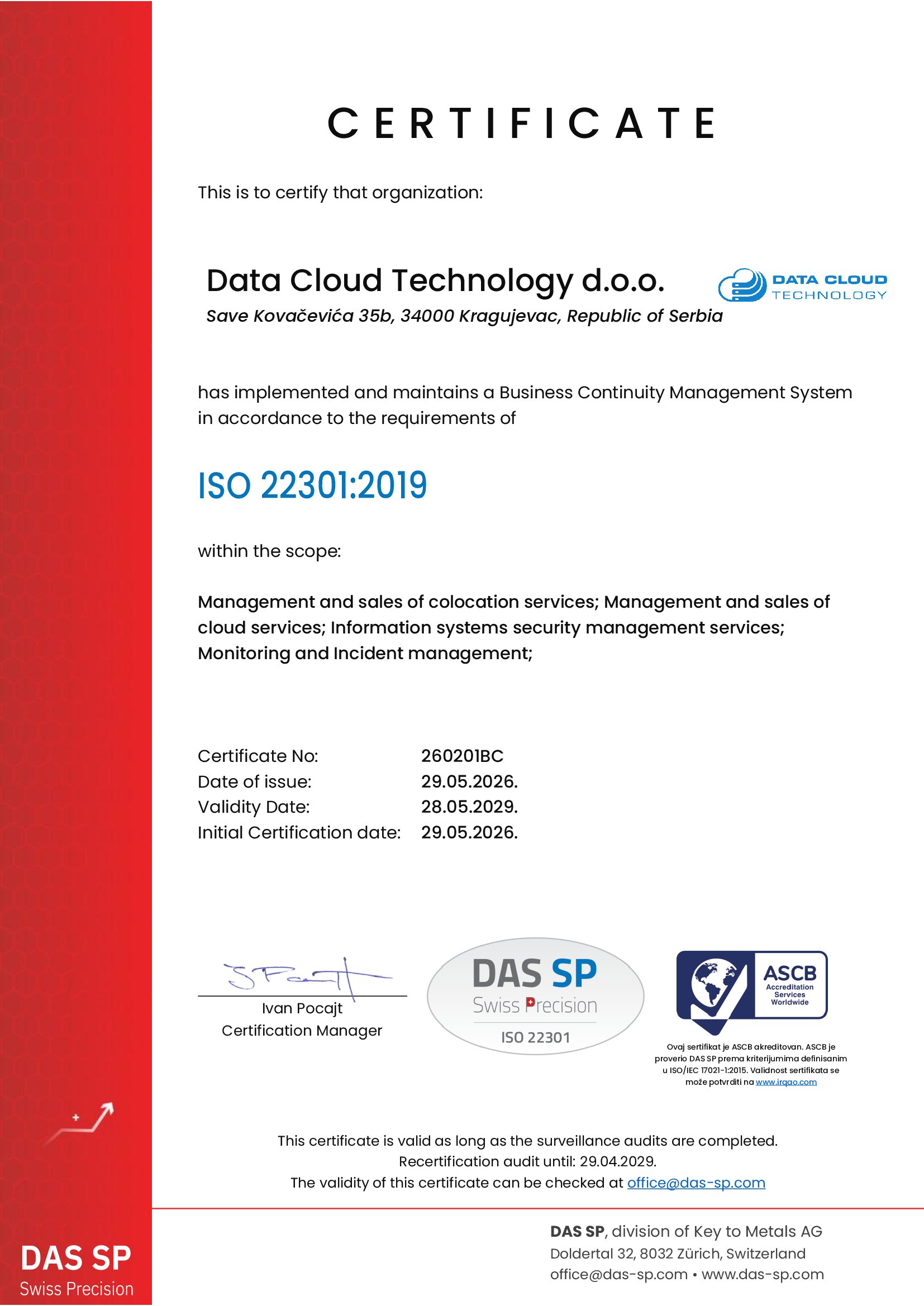 ISO 22301:2019 - Novi međunarodni sertifikat za DCT